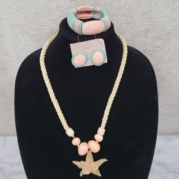 Vintage 80s Pastel Jewelry Set Starfish Pendant Necklace Earrings Bracelet - Picture 11 of 16